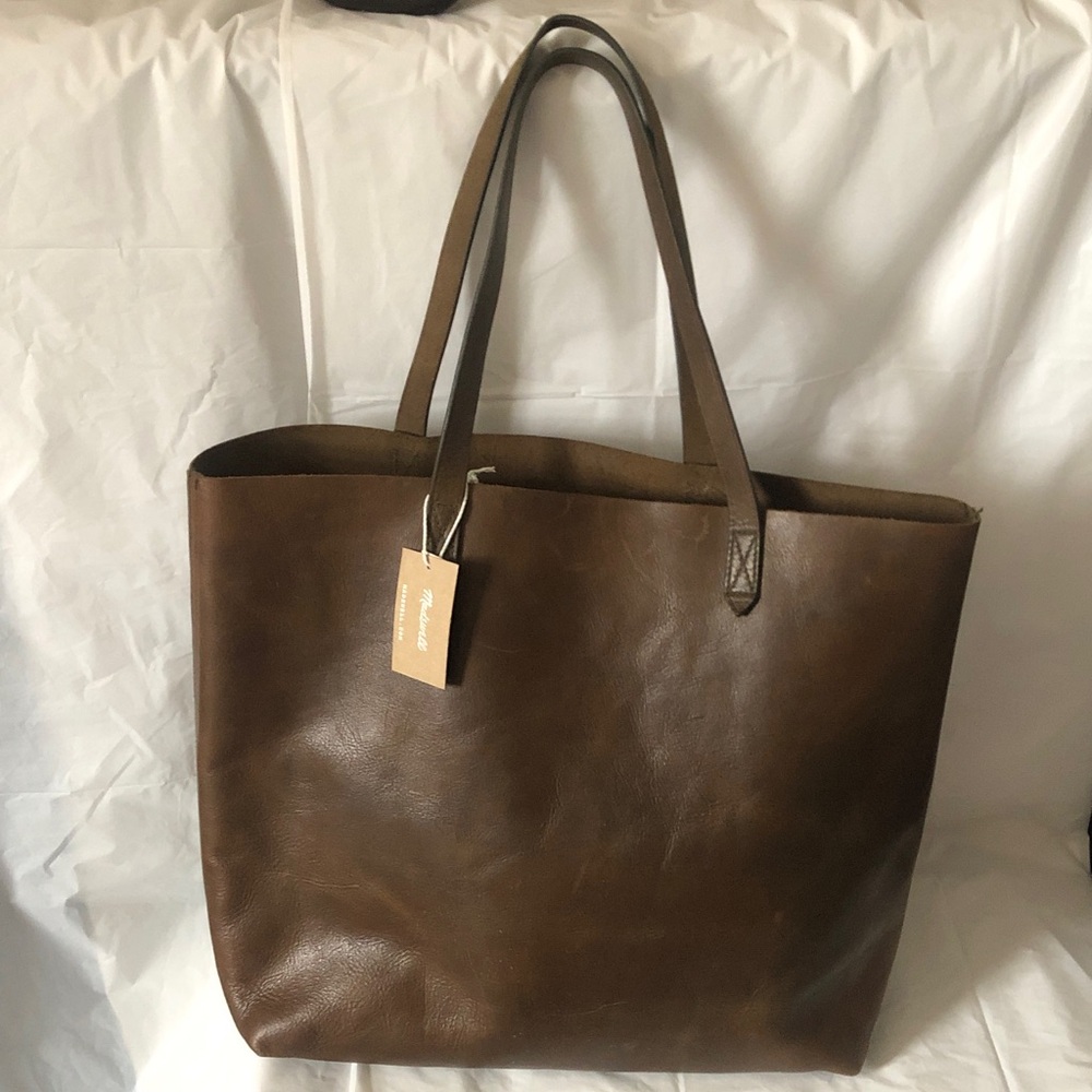 Madewell brown leather tote inner side zip pocket 14” x 14” x 6” NWTags